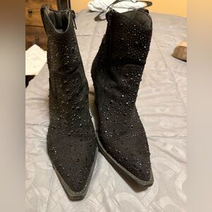 Black Crystal Embellished Pointed Ankle Booties